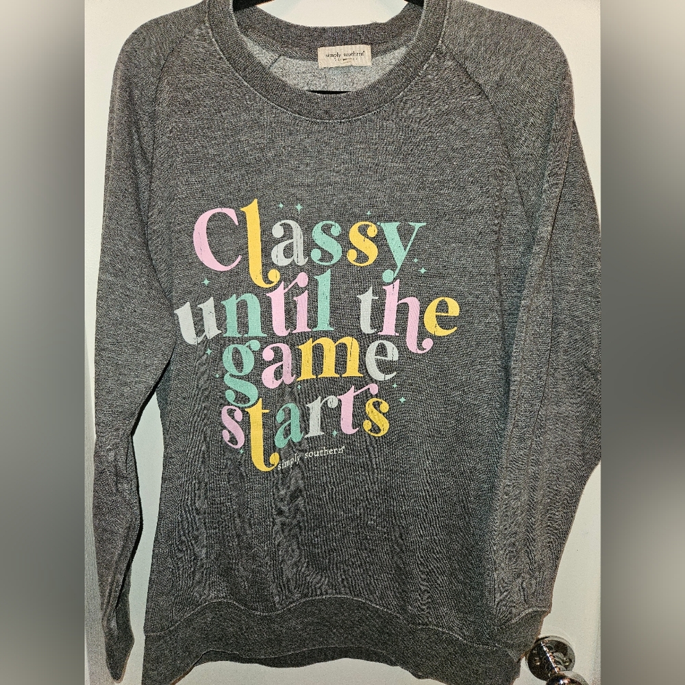 Gray Sweatshirt with Colorful Text